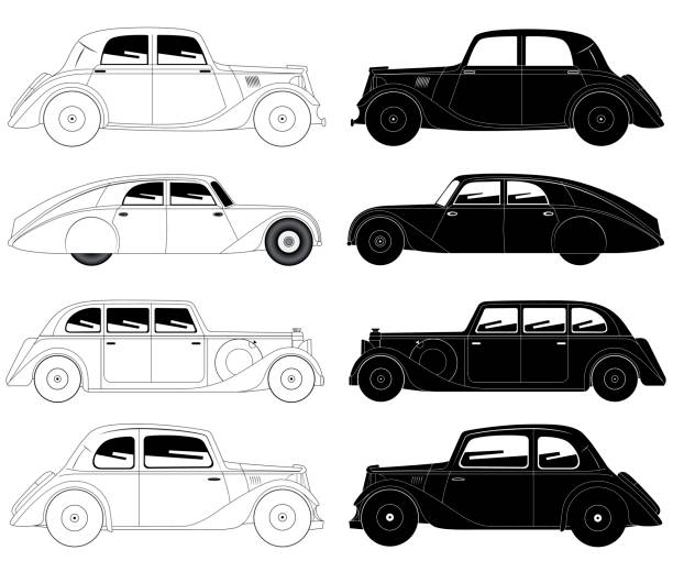 Set of vintage cars vector art illustration
