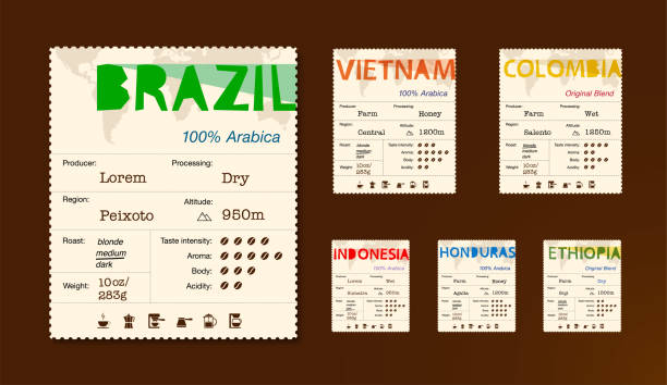 ilustrações de stock, clip art, desenhos animados e ícones de set of vintage coffee labels with the logo of different countries. finished design. - cafe brasil