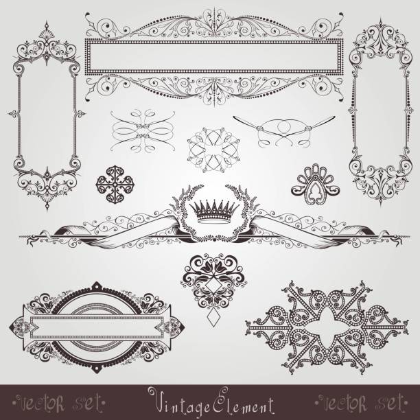 set of vintage frames and elements on white set of vintage frames and elements on white military borders stock illustrations