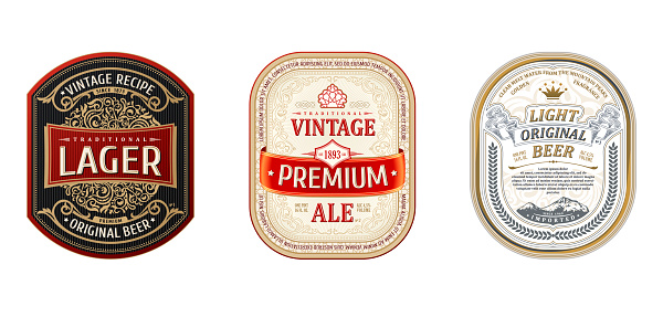 Set of Vintage frames for labels. Gold stickers bottle beer. Design for emblems, banner premium quality. Vector stickers for drinks bottles and cans. Template place for text. Flourishes advertising background