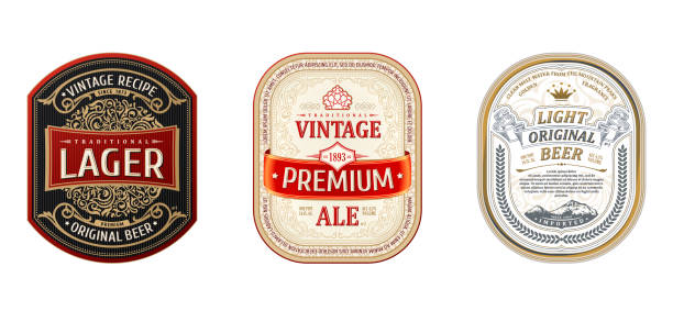 ilustraciones, imágenes clip art, dibujos animados e iconos de stock de conjunto de marcos vintage para las etiquetas. cerveza de la botella de oro pegatinas - cerveza