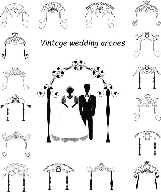 Set of Vintage Graphic Chuppah. Arch for a religious Jewish Jewish wedding. The bride and groom under a canopy. Vector illustration on isolated background Set of Vintage Graphic Chuppah. Arch for a religious Jewish Jewish wedding. The bride and groom under a canopy. Vector illustration on isolated background. chupah stock illustrations