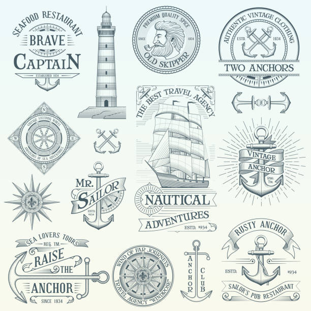 stockillustraties, clipart, cartoons en iconen met set vintage nautische etiketten - nautische stijl