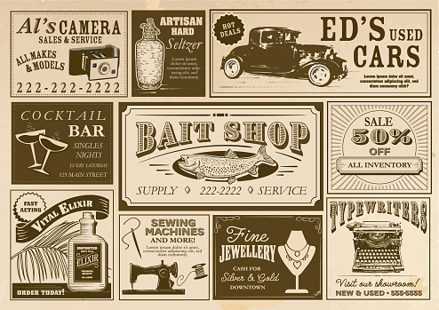 Vector illustration of old newspaper advertisement page. Includes several types of ads, car dealership sales, seltzer, bait shop, cocktail bar, elixir, sewing machine, typewriters, sales and jewelry etc. Fully editable eps 10.
