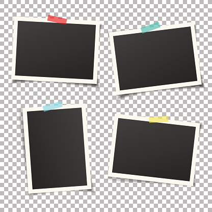 Set of vintage photo frames with adhesive tape. Vector mockup.