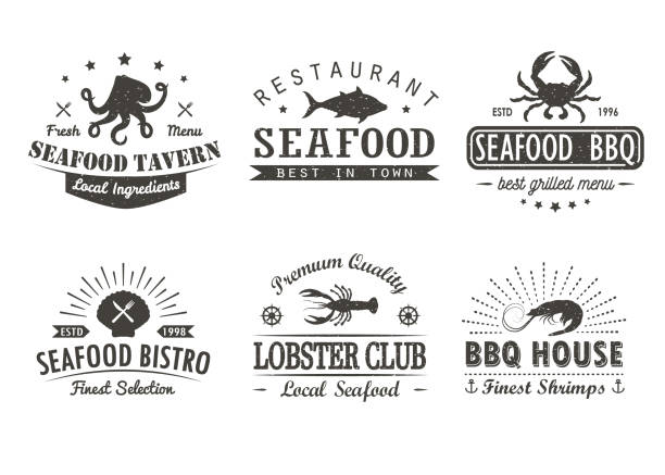 Set of vintage seafood, barbecue, grill logo templates, badges and design elements. Logotypes collection for seafood shop, cafe, restaurant. Vector illustration. Set of vintage seafood, barbecue, grill logo templates, badges and design elements. Logotypes collection for seafood shop, cafe, restaurant. Vector illustration. Hipster and retro style. shrimp seafood stock illustrations