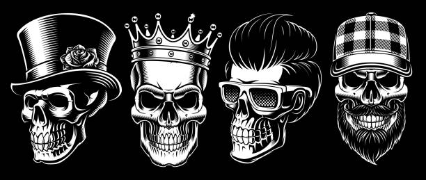 Set of Vintage Skulls Set of vintage skulls on dark background. skull logo stock illustrations