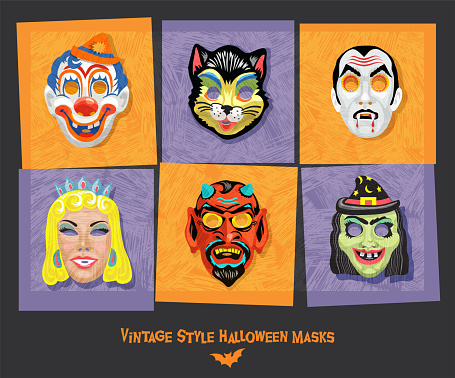 Set of vintage style halloween masks. Design elements for posters, stickers, greeting cards.