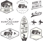 Set of vintage surfing labels, badges and design elements.
