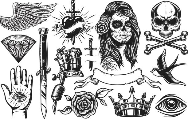 Set of vintage tattoo elements Set of vintage black and white tattoo elements isolated on white background skulls tattoos stock illustrations