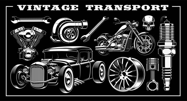 Set of vintage transportation Design set of vintage transportation with different illustrations - hot rod, motorcycle, engine, piston and many other. garage clipart stock illustrations
