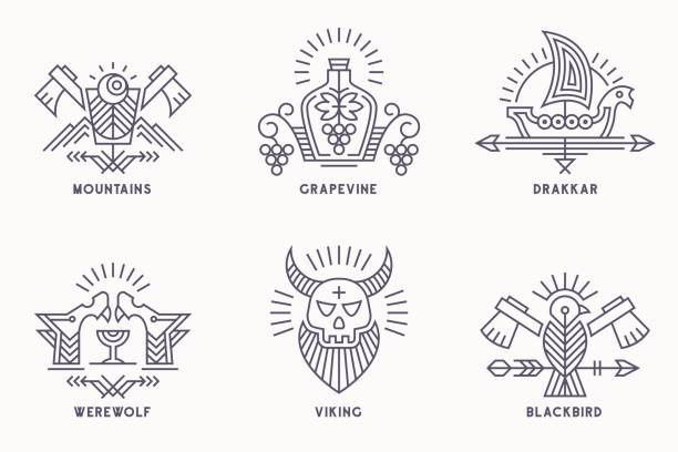 Set of vintage vector icon templates with ethnic elements in thin line style Set of vintage vector icon templates with ethnic elements in thin line style. Tribal style badges, scandinavian icontype. Monochrome, black on white skull logo stock illustrations