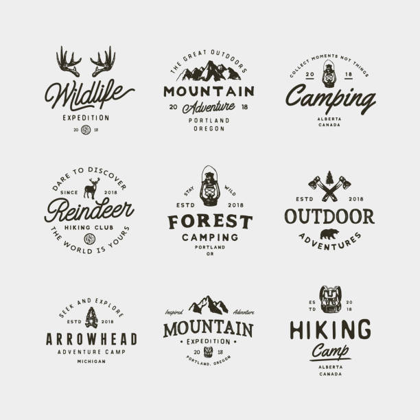 set of vintage wilderness icons. hand drawn retro styled outdoor adventure emblems. vector illustration set of vintage wilderness icons. hand drawn retro styled outdoor adventure emblems, badges, design elements, icontype templates. vector illustration adventure symbols stock illustrations
