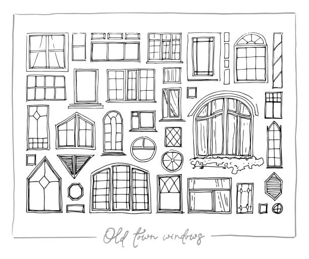 Set of vintage windows with shutters and curtains. Potted flowers on a windowsill. Set of vintage windows with shutters and curtains. Potted flowers on a windowsill. Isolated illustration for print or sticker. Drawn building, architecture. Vector art house. Vector illustration window drawings stock illustrations