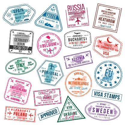 Set of visa stamps for passports. International and immigration office stamps. Arrival and departure visa stamps to Europe - Spain, Germany, Portugal, Turkey, Poland, Russia, United Kingdom etc. Vector