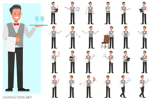 Set of waiters, man character vector design. Presentation in various action with emotions, running, standing and walking.