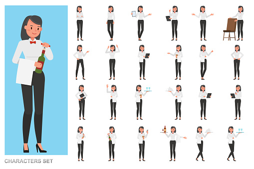 Set of waiters, woman character vector design. Presentation in various action with emotions, running, standing and walking.