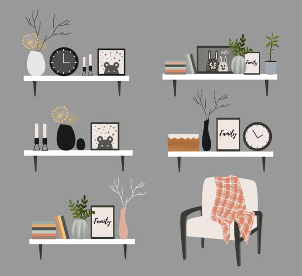 Set of Wall shelves for a Scandinavian-style living room interior with flower pots, vase with a branch, books, clock and paintings. Vector flat illustration. Set of Wall shelves for a Scandinavian-style living room interior with flower pots, vase with a branch, books, clock and paintings. Vector flat cute illustration. drawing of a bookshelf stock illustrations