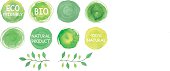 Set of watercolor green logos.Leaves,frames,lettering,badges,lettering, branches wreath,plants elements,laurels. Hand drawn painting.Sign label ,textured emblem set.