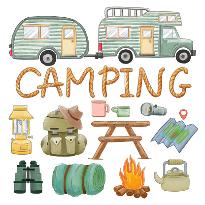 Set of watercolor painted camping supplies clipart. Hand drawn isolated on white background