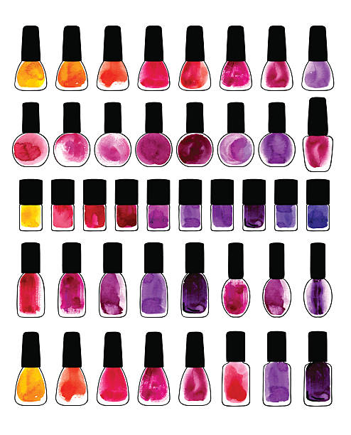 Set of watercolor painted nail polishes Collection of nail polish, painted in watercolor, vector nail polish bottle stock illustrations