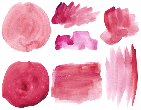 Set of watercolor stain. Spots on a white background. Watercolor texture with brush strokes. Round, rectangle, spot. Red, pink. Peach, coral. Vector. Isolated.
