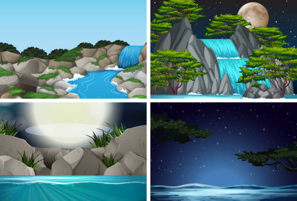 Set of waterfall in nature background illustration