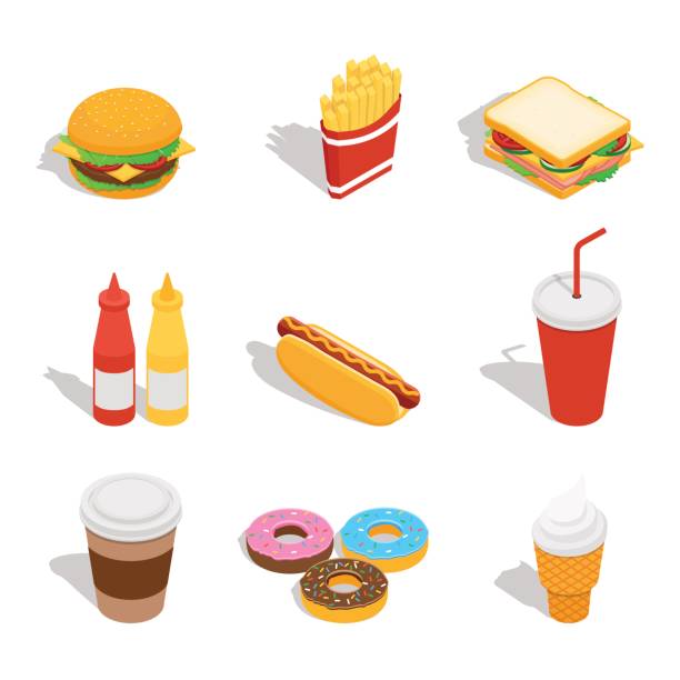 Set of web icons for fast food restaurant Vector illustration. Set of web icons for fast food restaurant. Burger, hot dog, drinks, donuts, ice cream, French fries, sandwich. Isometry, 3D. sandwich icons stock illustrations