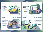 Set of web page design templates for business. Landing page shows the meeting and brainstorming, strategic partnership, crowdfunding and processing in the office or by the freelancer.