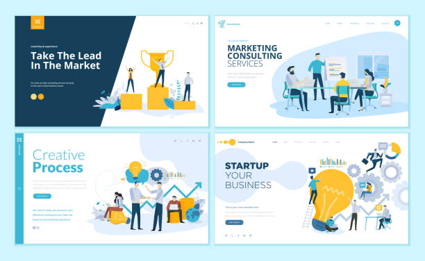 창작 과정, 비즈니스 성공 및 팀워크, 마케팅 컨설팅에 대 한 웹 페이지 디자인 서식 파일의 설정 - 경쟁 stock illustrations