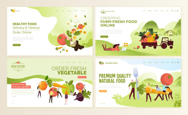 ilustrações de stock, clip art, desenhos animados e ícones de set of web page design templates for farm fresh food, online food ordering, organic vegetable, e-commerce. - natural food web