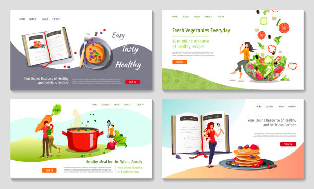 Set of web page design templates for Healthy food, cooking, recipes, fresh vegetables, recipe books. Set of web page design templates for Healthy food, cooking, recipes, fresh vegetables, recipe books. Vector illustration in a flat style can be used for poster, banner, website, presentation. healthy dinner stock illustrations