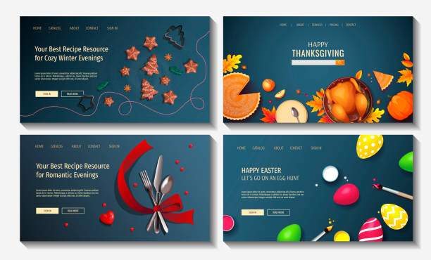 Set of web page design templates for holidays, Christmas, New Year, Valentine's Day, Easter, Thanksgiving day, Cooking, Food. Set of web page design templates for holidays, Christmas, New Year, Valentine's Day, Easter, Thanksgiving day, Cooking, Food. Vector illustration for poster, banner, website. thanksgiving food stock illustrations