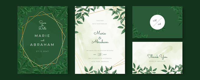 Set of wedding card with golden lines, floral, leaves. Wedding navy blue and gold concept. Floral poster, invite. Vector decorative greeting card or invitation design background