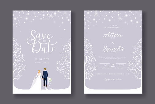 Set of wedding cards, Invitation, save the date template. Bride and groom walking in winter in wedding day image.