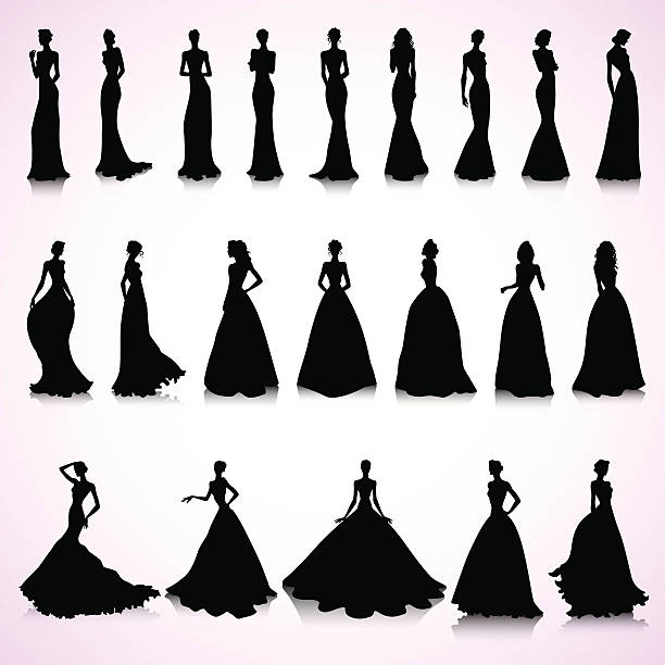 Set of wedding dresses Set of female silhouettes in wedding dresses evening gown stock illustrations