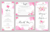 Set of wedding invitation card templates with watercolor rose flowers. Elegant romantic layout with pink roses and message for wedding greeting, Save the date cards, rsvp, menu, thank you