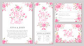 Set of wedding invitation card templates with watercolor rose flowers. Elegant romantic layout with pink roses and message for wedding greeting, Save the date cards, rsvp, thank you