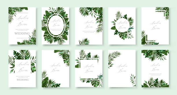Set of wedding invitation with greenery tropic exotic summer card Set of wedding invitation with greenery tropic exotic summer card save the date envelope rsvp menu table label design with tropical fan palm leaf monstera. Botanical elegant decorative vector template tropical climate stock illustrations