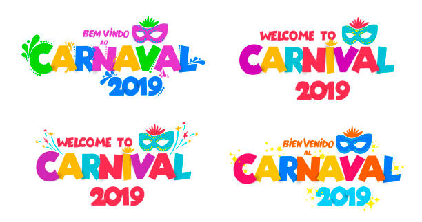 Set of Welcome to Carnival 2019. Handwritten Carnival logo with masks. Party, masquerade poster card, invitation. Celebration decorate. Vector illustration. Isolated on white background. Set of Welcome to Carnival 2019. Handwritten Carnival logo with masks. Party, masquerade poster card, invitation. Celebration decorate. Vector illustration. Isolated on white background. carnival stock illustrations