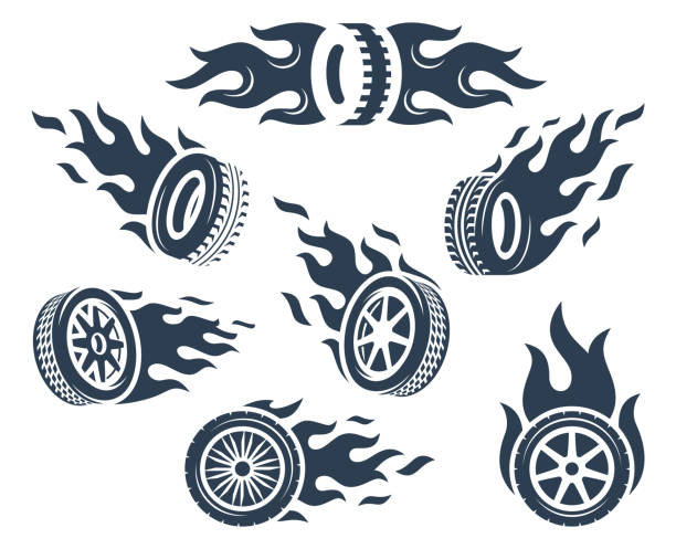 Set of wheels silhouettes with fire flame  hot wheels flames stock illustrations