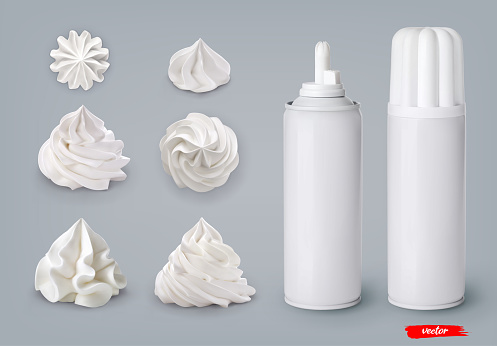 Set of whipped cream swirls and whipped cream cans on gray background. 3d realistic vector illustration of sweet dairy product. Mockup of whipped cream package.