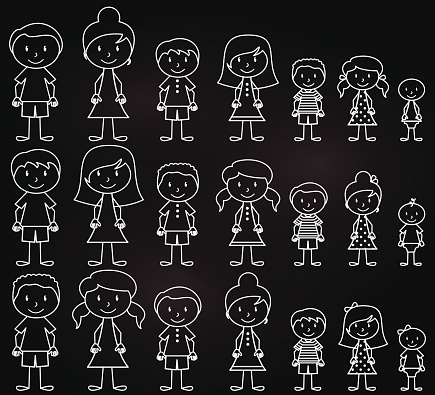 Set of white on black line vector smiling character people
