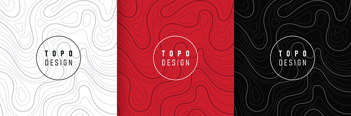 Set of white, red and black wavy lines abstract design. Topography concept. Collection wavy pattern background with copy space. Design for cover template, poster, banner, print ad. Vector illustration