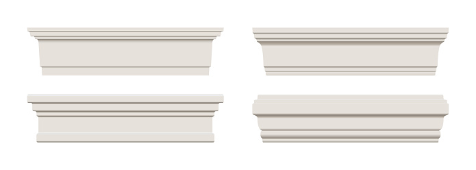 Set of white skirting baseboard molding. Ceiling crown on white background