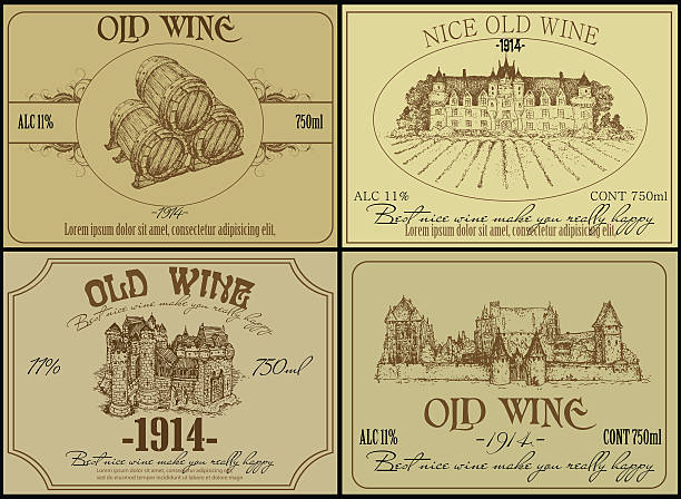 set of wine labels set of wine labels, this illustration may be use as designer work. See more of my images here: http://s61.radikal.ru/i173/0905/98/c01cfa830780.jpg champagne borders stock illustrations