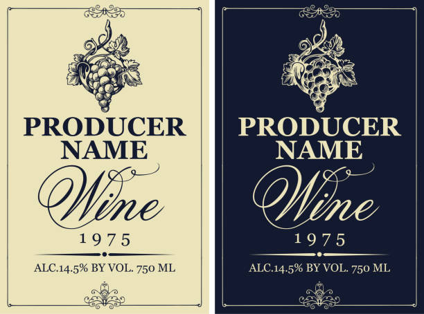 set of wine labels with hand drawn bunch of grapes Set of two vector wine labels with hand-drawn bunch of grapes and calligraphic inscription in retro style. champagne borders stock illustrations