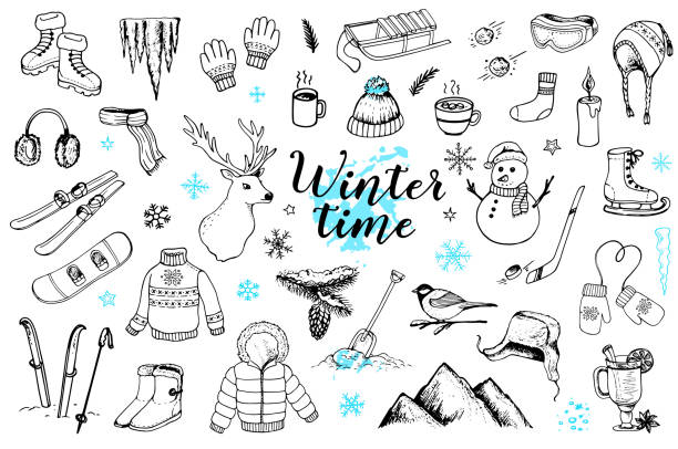 Set of winter doodles Set of vector hand drawn winter doodles on a white background. Clothing, sports equipment and nature design elements. winter drawings stock illustrations