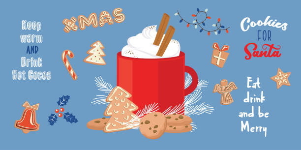 набор зимних напитков, фраз и пряничного печенья. зимний набор на рождество или новый год конструкций. - cocoa stock illustrations