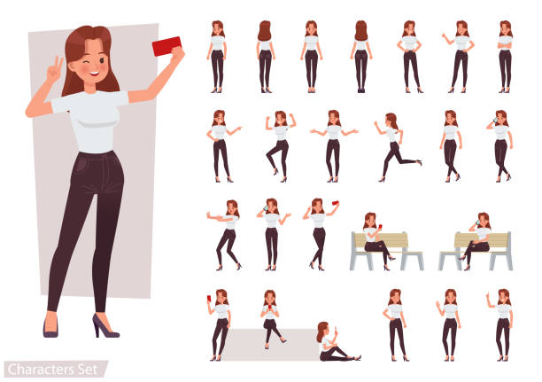 Set of woman character vector design. Presentation in various action with emotions, running, standing and walking. Set of woman character vector design. Presentation in various action with emotions, running, standing and walking. characters stock illustrations